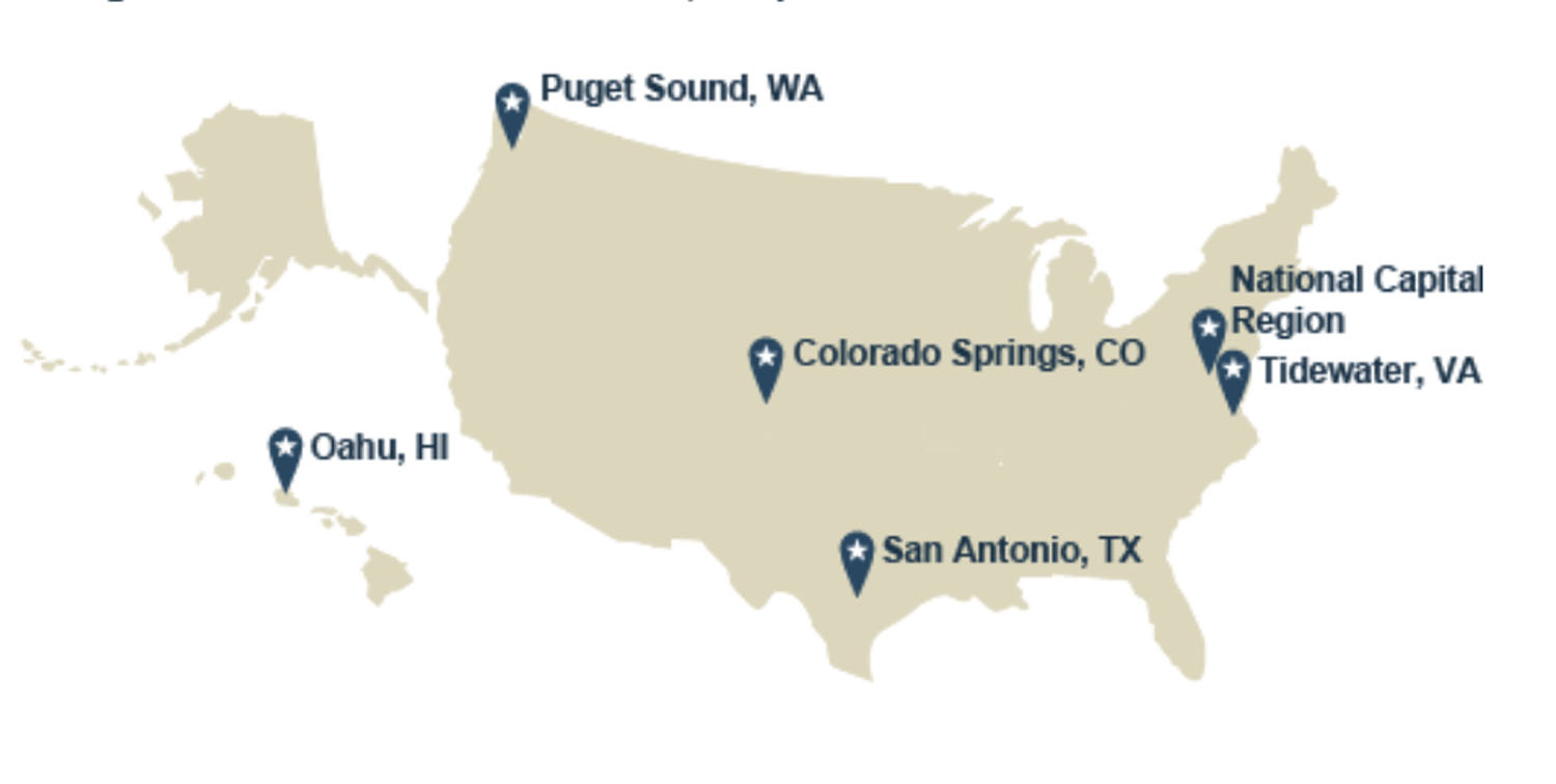 A map of the United States with 6 locations marked as the original multi-service units established