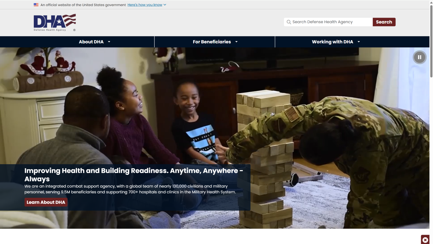 Screenshot of the homepage of dha.mil