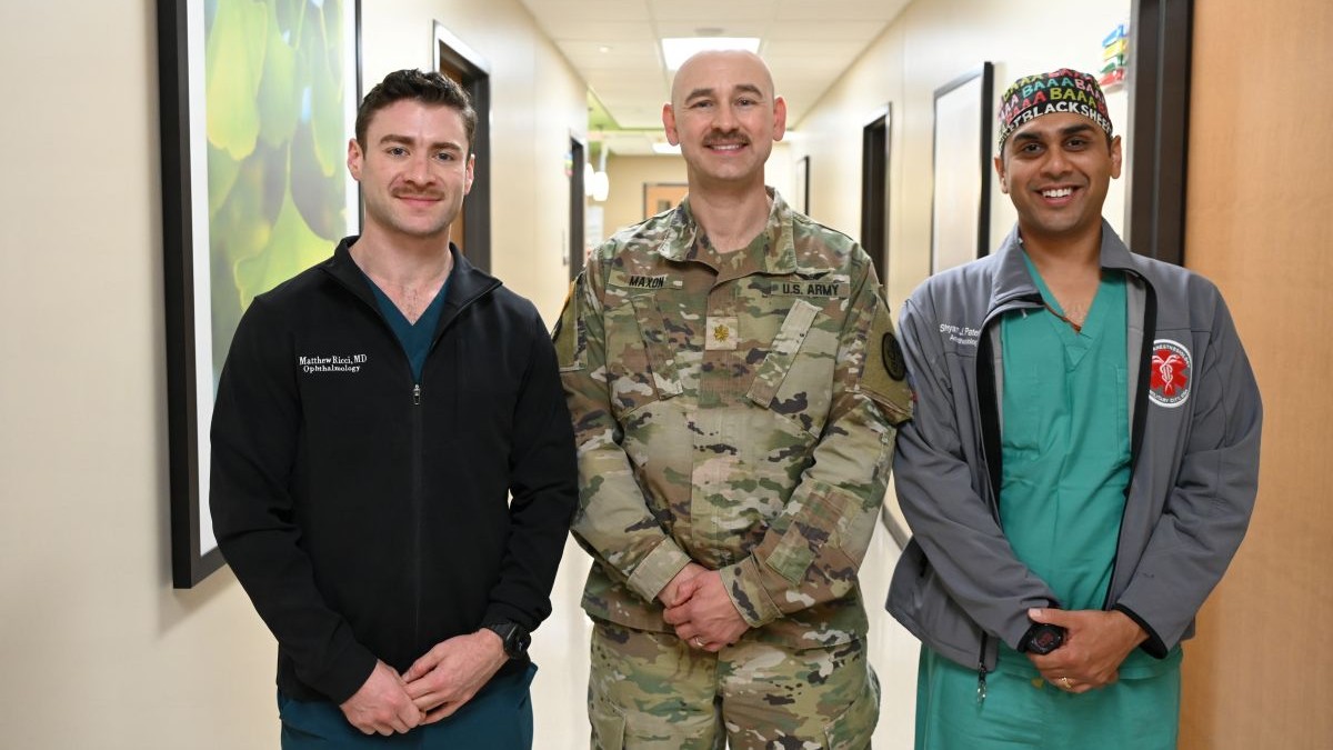 Photo By Rodney Jackson | Maj. Matthew Ricci, an ophthalmologist; and Maj. Cameron Maxon and Maj. Shyam Patel, anesthesiologists pause for a photo at Carl R. Darnall Army Medical Center. The medical professionals participated in an Operation Panamanian partnership and helped hundreds of Panamanians with cataract surgeries.