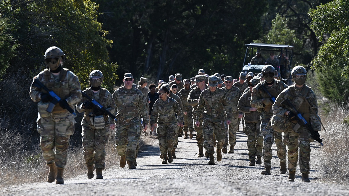 U.S. Air Force Airmen participated in a field training exercise on Jan. 31, 2025, at the 59th Medical Readiness Training Center, Joint Base San Antonio-Camp Bullis, Texas. The exercise included tactical combat casualty care (TCCC), patient retrieval drills, and litter carries, preparing medical personnel to provide life-saving care in austere environments. Senior leaders observed the training to assess medical readiness capabilities. (U.S. Air Force photo by Senior Airman Matthew-John Braman)