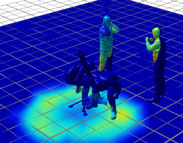 Researchers from the Walter Reed Army Institute of Research used data collected during live fire training exercises to create accurate 3D simulations of blast overpressure exposures on virtual weapons crews to help training range managers, range safety officers and instructors position personnel to minimize their exposure to shock waves created by the firing of heavy weapons. The color coding indicates the blast pressure intensity as the wave expands and dissipates.