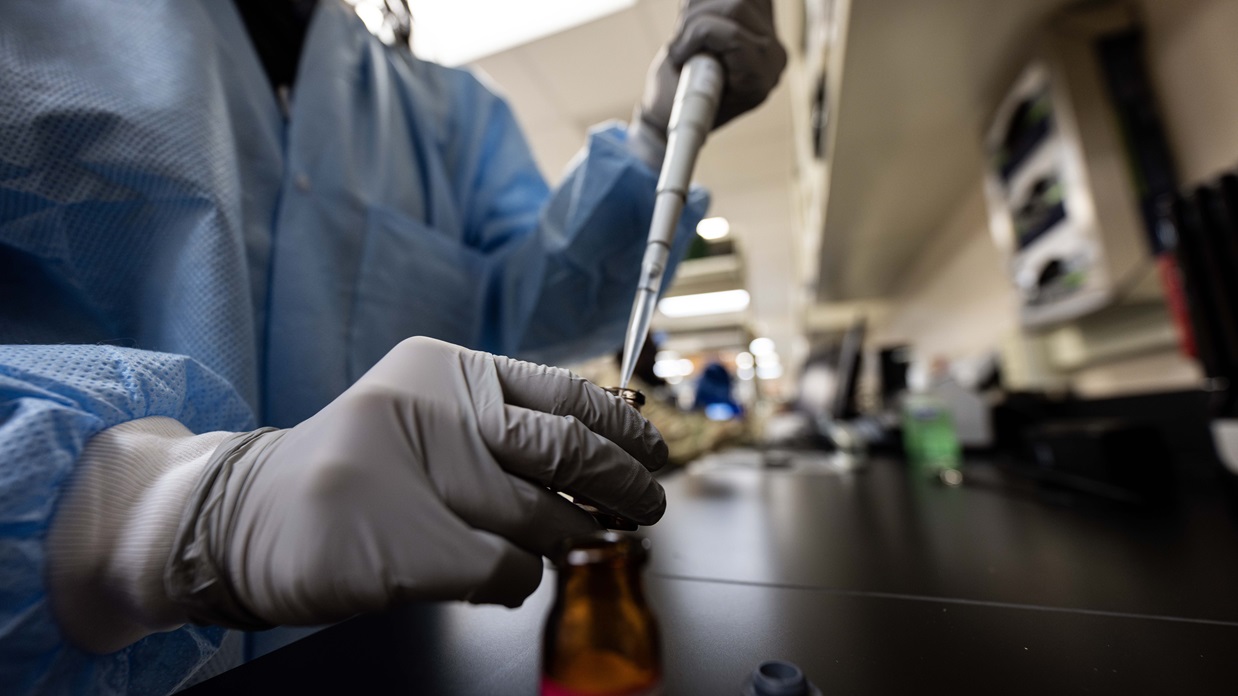 Luisa Rodriguez, 5th Medical Operations Squadron laboratory technician, prepares chemistry quality control material at Minot Air Force Base, North Dakota, Jan. 29, 2025. Chemistry quality control is conducted to prevent defective products from reaching the customer. (U.S. Air Force photo by Senior Airman Alyssa Bankston)