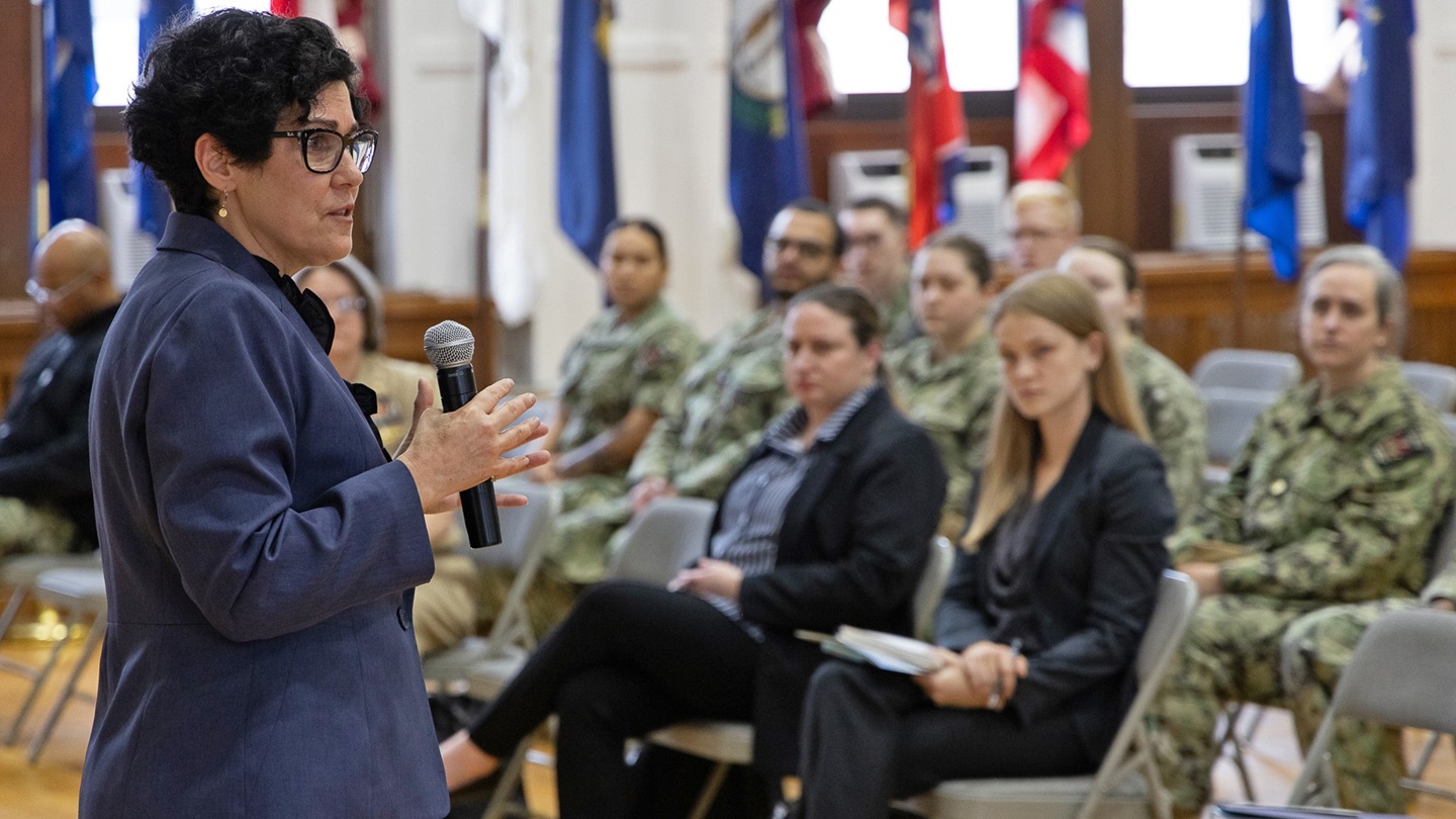 YOKOSUKA, Japan (April 11, 2025) Deputy Assistant Secretary of Defense for Health Services Policy and Oversight Susan Orsega addresses U.S. Naval Hospital Yokosuka personnel during a town hall held at Commander, Fleet Activities Yokosuka’s auditorium. During the town hall, Orsega held a Q&A session with hospital leadership, staff and Sailors where they discussed various issues and concerns in the areas of personnel, logistics and resource management. (U.S. Navy photo by Daniel Taylor/USNMRTC Yokosuka Public Affairs)