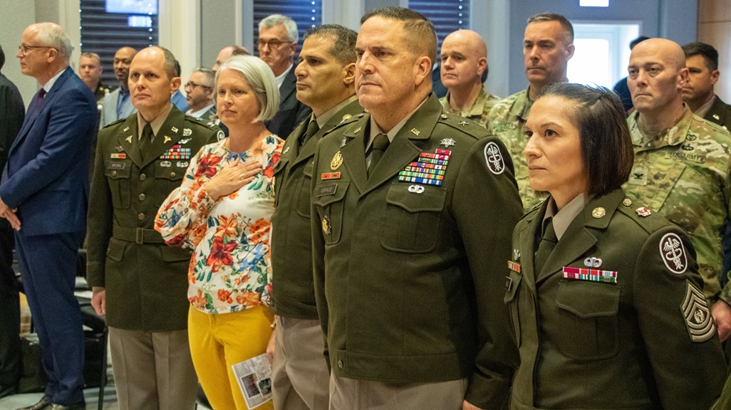 Landstuhl Regional Medical Center receives certification as an Überregionales TraumaZentrum, or supra-regional trauma center, by the German Trauma Society (DGU) during an award ceremony April 24, 2025, in Landstuhl, Germany. The certification recognizes LRMC's continued excellence in trauma care and its integration into the German national trauma network as the only American hospital outside the U.S. to receive such a designation. (DoD Photo by Travis Jones)