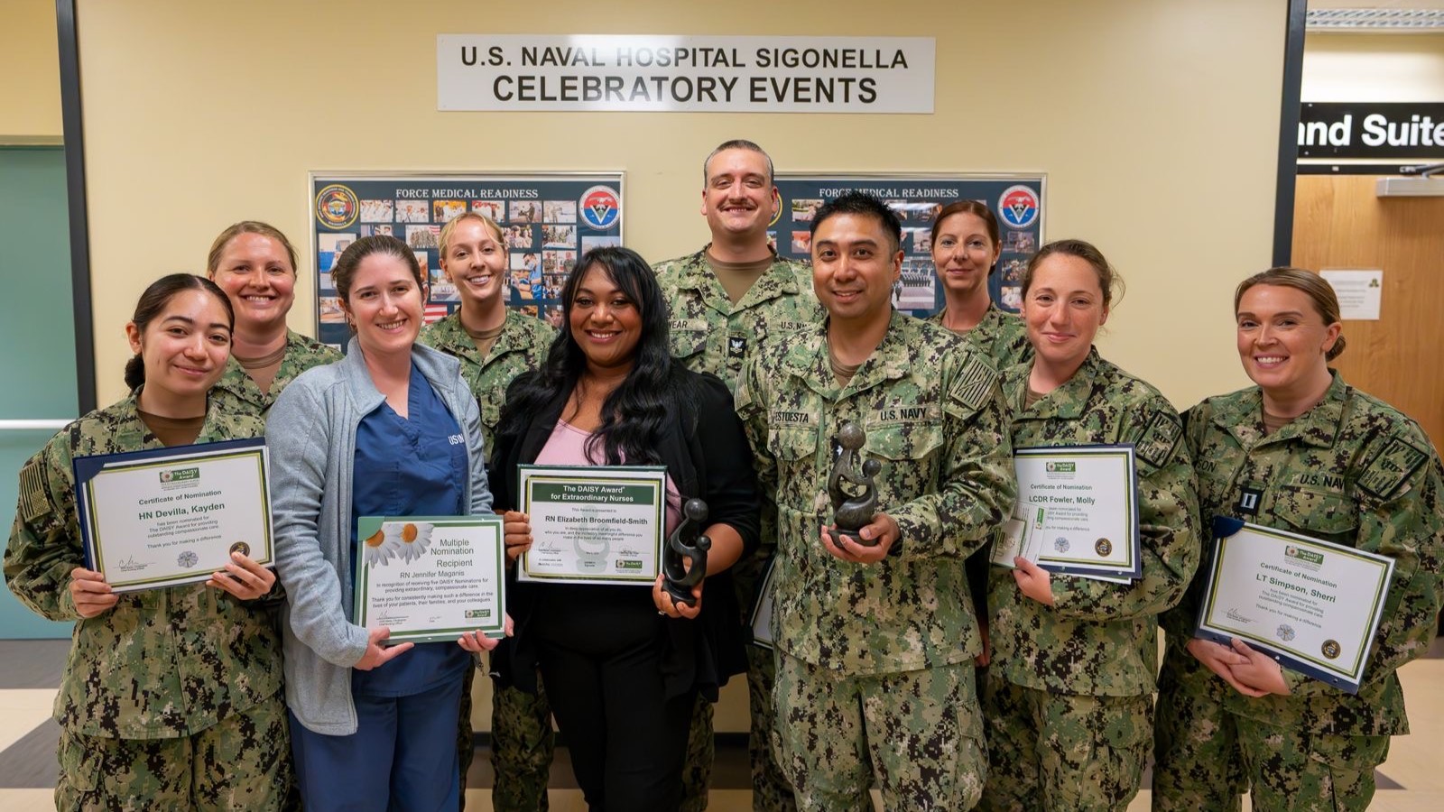 Nurses and hospital corpsman assigned to U.S. Naval Hospital (USNH) Sigonella, receive DAISY nominations and awards. Each year USNH Sigonella recognizes honorees for extraordinary corpsman, nurse, and nurse leader. This year these honorees were: Extraordinary Corpsman Award-Hospital Corpsman Third Class Robert Valdez (not pictured); Extraordinary Nurse Award-Registered Nurse Elizabeth Broomfield-Smith; Extraordinary Nurse Leader Award-Commander James Estoesta (2nd year in a row).(U.S. Navy photo by Hospital Corpsman Samar Samiee)
