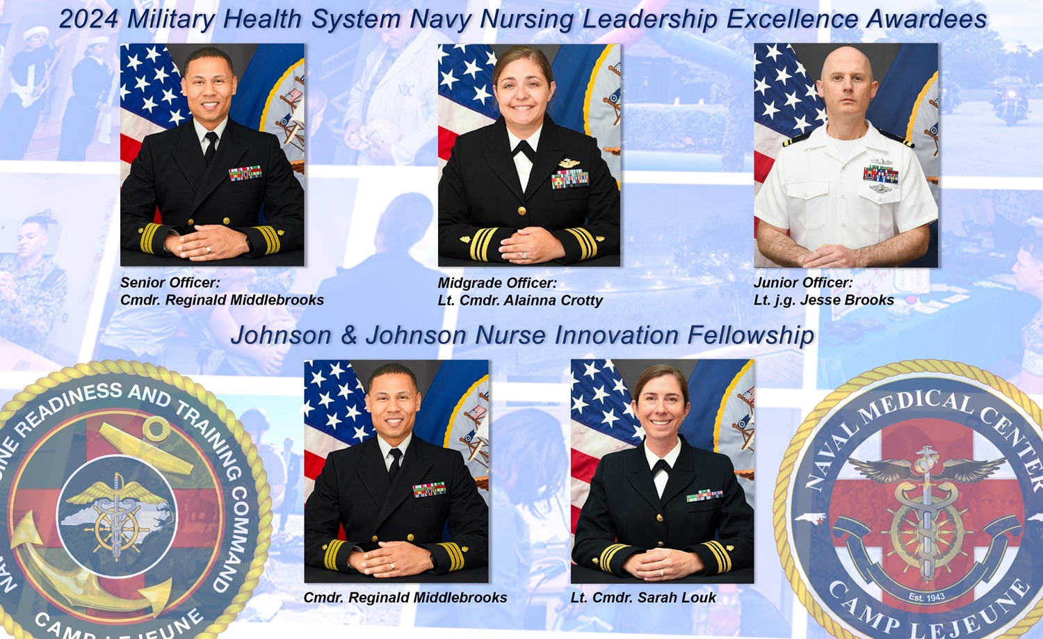 Graphic highlighting NMMCL Nurses winning MHS Navy Nursing Leadership Excellence Awards and acceptance into University of Pennsylvania/Johnson & Johnson Nurse Innovation Fellowship.
