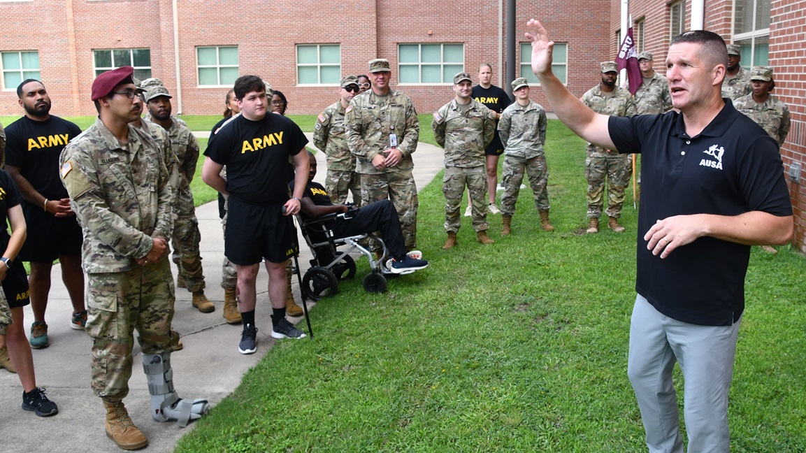 Former Sergeant Major of the Army Daniel Daily speaks to Soldiers at Womack's Soldier Recovery Unit on July 9, 2025.