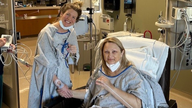 Catherine Higginbotham, shares a moment with Megan Boyd, who donated a kidney to Higginbotham, one day after their surgeries at Walter Reed National Military Center in Bethesday on Mar. 28, 2024. (Photo courtesy of Catherine Higginbotham)