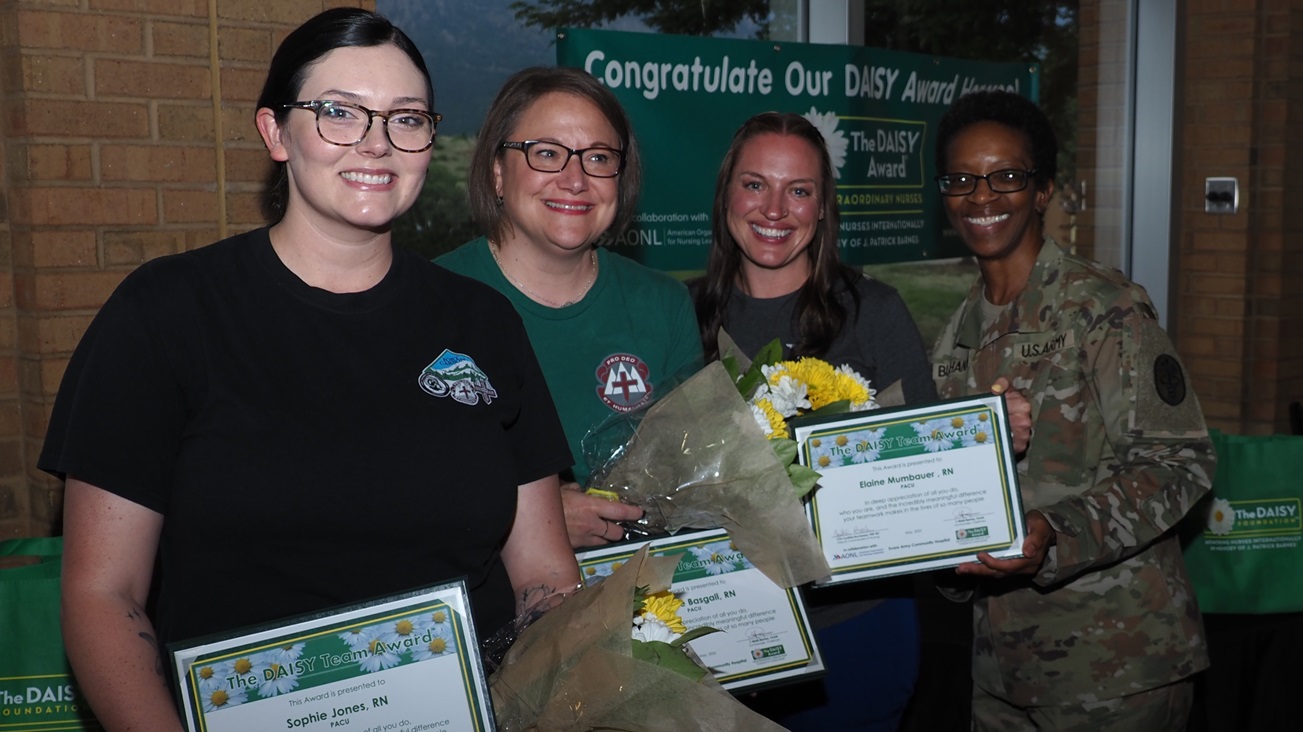 The Evans Army Community Hospital Post-Anesthesia Care Unit won the "care team" award for the hospital's quarterly DAISY Award Ceremony July 29, 2025. Col. Cynthia Buchanan, the EACH deputy commander for nursing, far right, presented the award to: Sophie Jones, Elaine Mumbaeur, and Michelle Basgall. All three are registered nurses in the PACU.