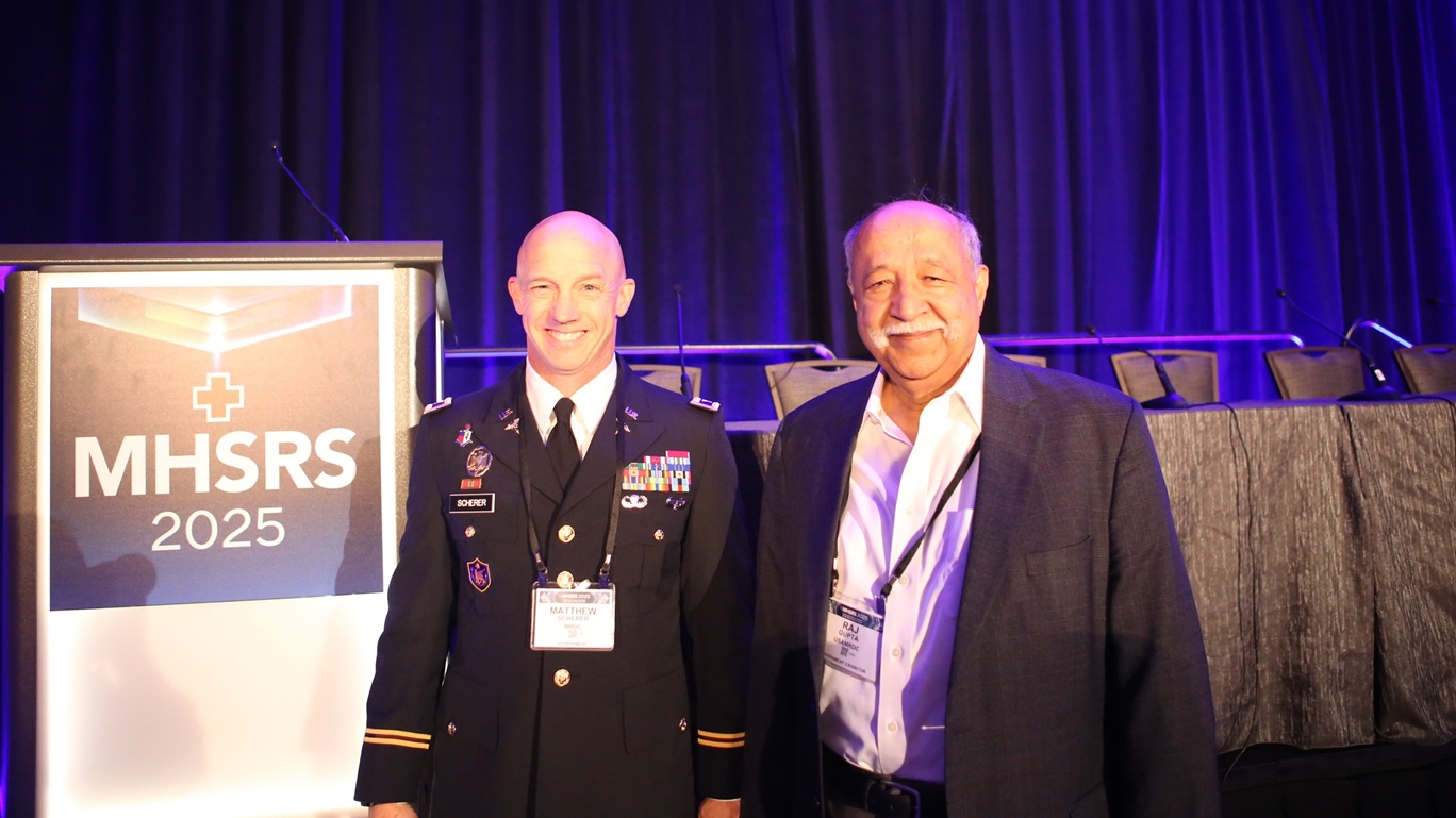 Col. Matthew Scherer, left, director of the DOD Blast Injury Research Coordinating Office, and Dr. Raj Gupta, BIRCO’s deputy director, moderated a panel discussion on “Blast Overpressure Exposure and Blast Induced TBI Mechanism, Prevention, and Treatment” at the 2025 Military Health System Research Symposium in Kissimmee, Florida, Aug. 6.