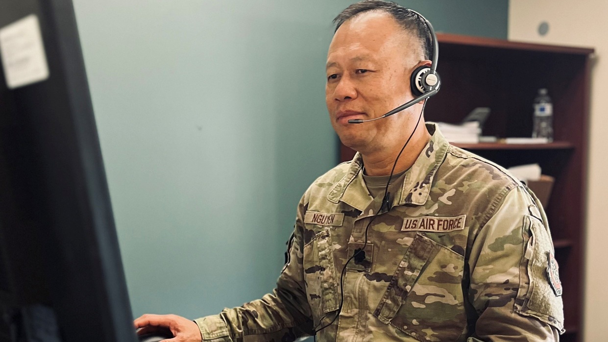 Lt. Col. (Dr.) Nghia Nguyen, 436th Medical Group pediatrician, conducts a virtual visit at Dover Air Force Base, Delaware, June 13, 2025. Dover recently led a groundbreaking virtual health initiative to support two other Defense Health Network Central military medical treatment facilities. (courtesy photo)