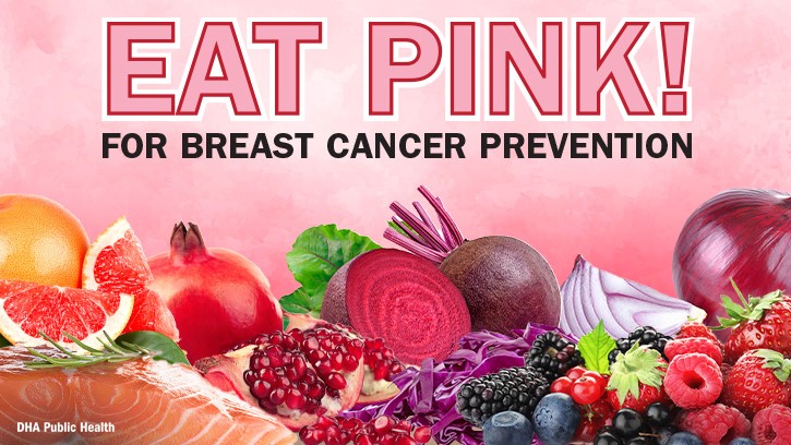 Image of pink and orange foods, with the words "Eat Pink! For Breast Cancer Prevention"