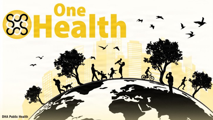 One Health is a simple but powerful idea: The health of people, animals, and the environment are linked. When one area has a problem, it can affect the others. For military communities, One Health means taking a team approach to prevent diseases, ensure food safety, and protect service members and their families. (Defense Public Health graphic illustration by Rachel Stershic)