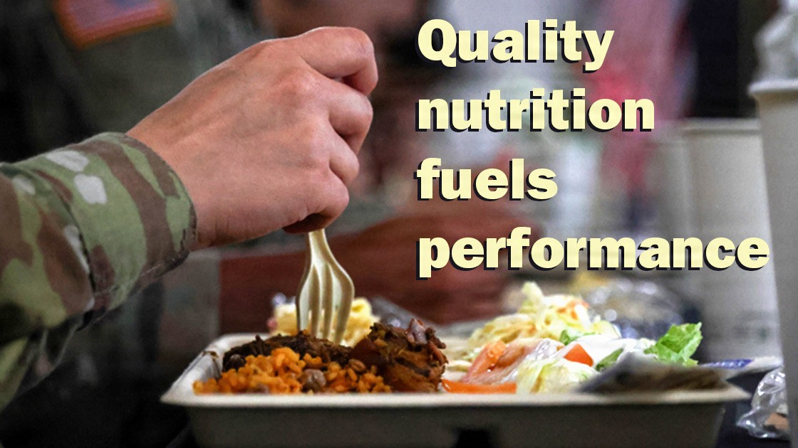 Person eating food with the words "Quality nutrition fuels performance"