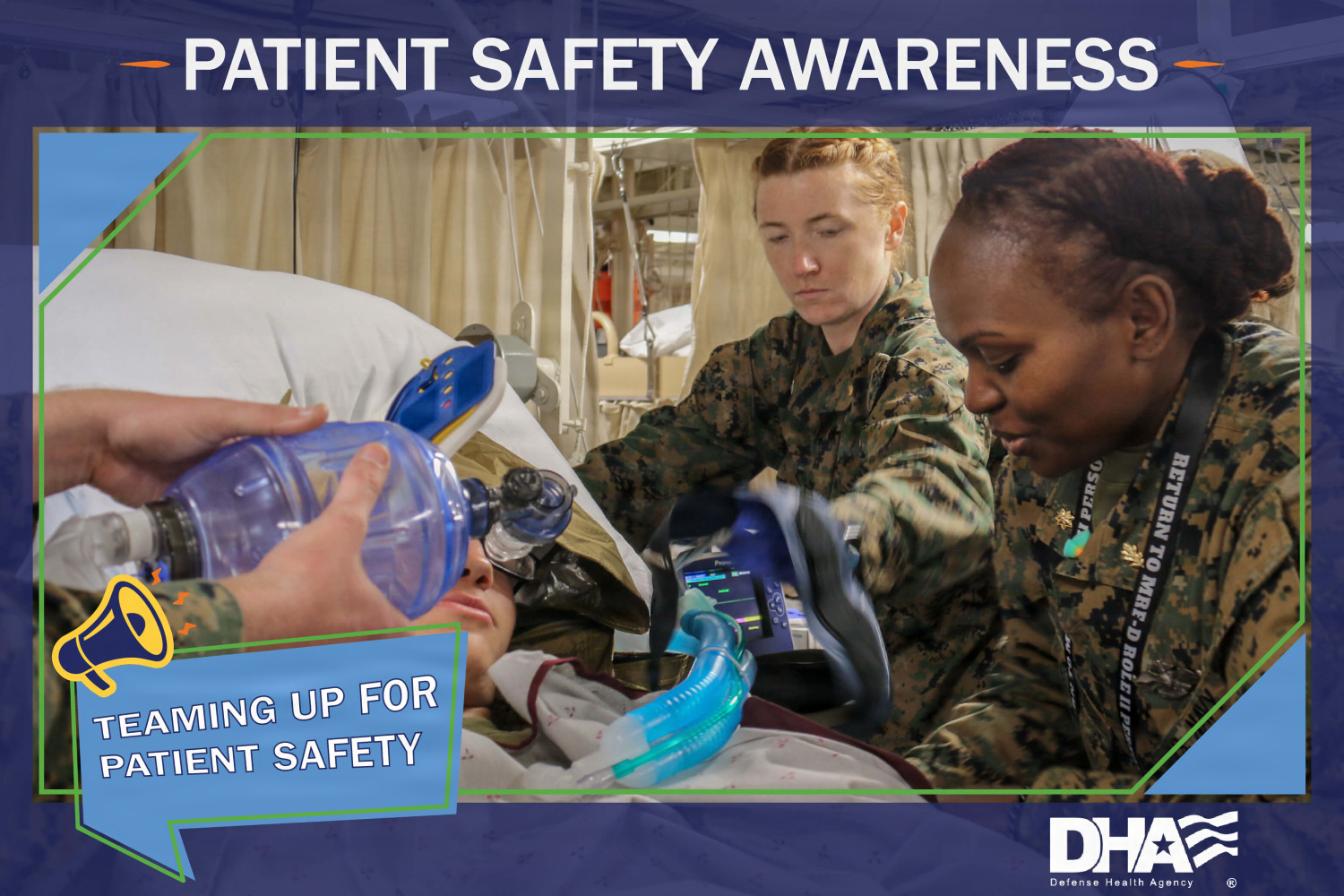 Medical personnel in a hospital, with the words "Patient Safety Awareness: Teaming up for Patient Safety."