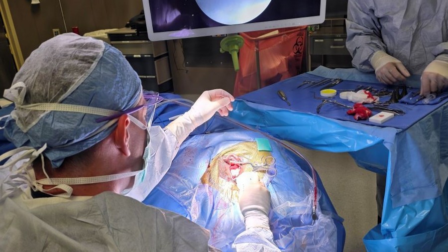 Air Force Maj. (Dr.) Jason Adams, a visiting neurotologist from Brooke Army Medical Center, and Maj. (Dr.) Khang N. Lu, JBER's staff otolaryngologist, perform a complex ear surgery at Joint Base Elmendorf-Richardson, Alaska. Adams traveled to JBER to provide specialized surgical care and train local medical teams, ensuring patients receive world-class treatment without having to travel thousands of miles. (Courtesy Photo)