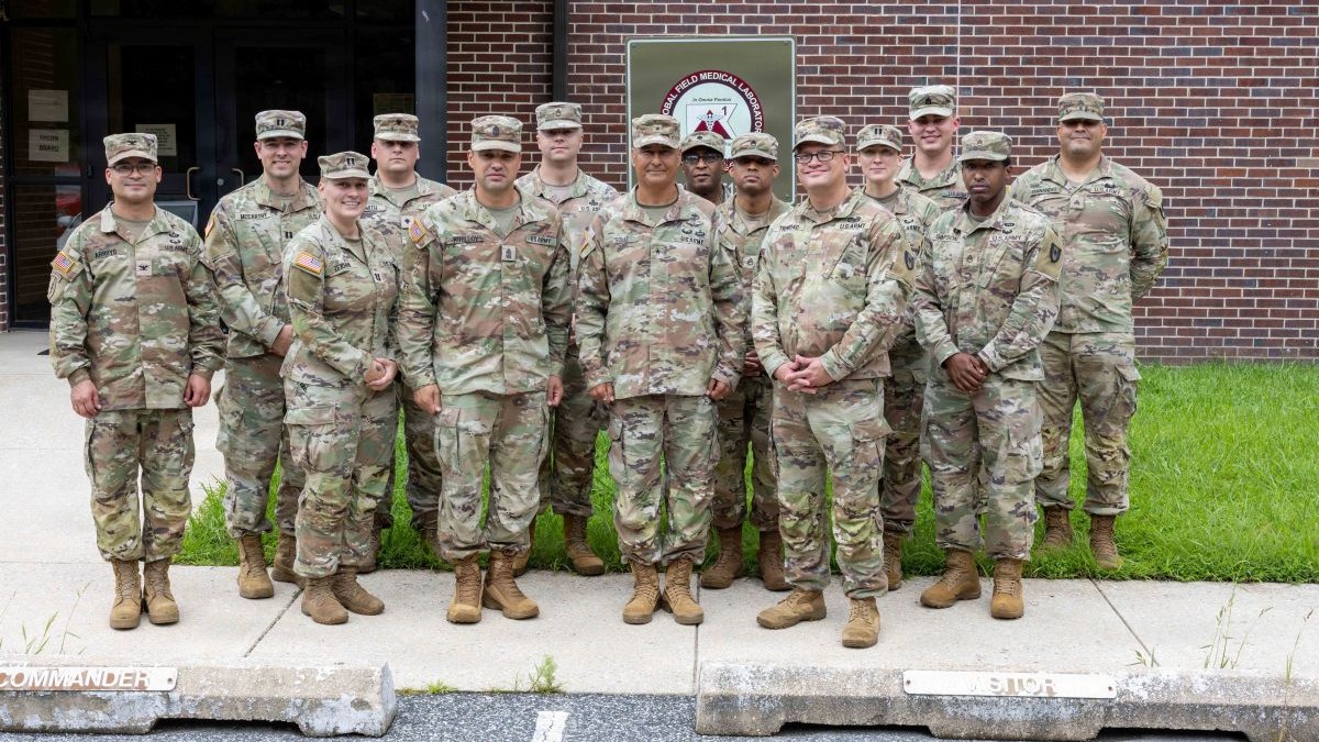 Soldiers with the 1st Global Field Medical Laboratory, the only global expeditionary laboratory in the U.S. Army capable of executing the warfighter functions of sustainment and protection, hosted Brig. Gen. Bill O. Soliz, the director of the Enterprise Operations, Medical Readiness, and Training, J-3/5/7 for the Defense Health Agency, on Aberdeen Proving Ground, Maryland, Aug. 18, 2026. The purpose of Soliz’s visit was to gain a firsthand understanding of 1st GFML’s unique expeditionary medical laboratory capabilities and how they support operational forces globally. (U.S. Army photo by Marshall Mason)