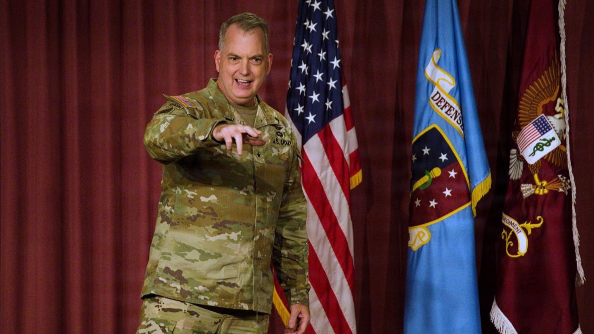 JOINT BASE LEWIS-MCCHORD, Wash. — U.S. Army Brig. Gen. Andrew L. Landers, commanding general of Medical Readiness Command, Pacific, and director of Defense Health Network Indo-Pacific, speaks to Madigan Army Medical Center staff during a town hall in Letterman Auditorium at Joint Base Lewis-McChord, Washington, Aug. 27, 2026. During the event, Landers emphasized readiness, warfighter support, and patient care.