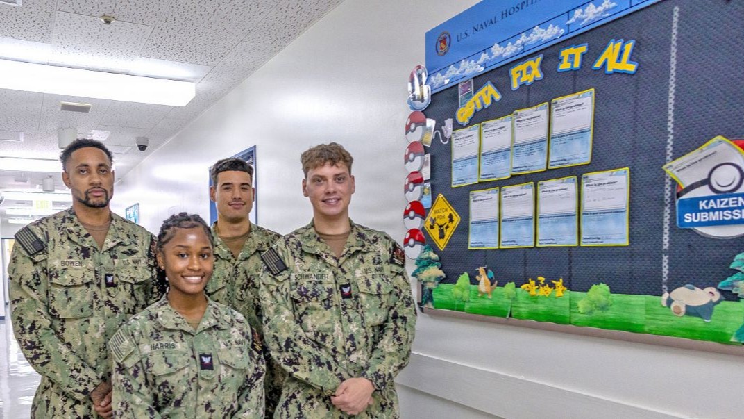 YOKOSUKA, Japan (June 17, 2026) — Sailors assigned to the U.S. Naval Hospital Yokosuka Dental Department pose with their Kaizen board. From left, Hospital Corpsman 3rd Class Bowen, Hospital Corpsman 3rd Class Harris, Hospitalman Ruiz and Hospital Corpsman 3rd Class Schwander earned first place in USNMRTC Yokosuka’s “Most Creative Kaizen Board” competition. Hospital Corpsman 2nd Class Cedillos and Hospitalman Willis are not pictured. (U.S. Navy photo by Daniel Taylor, USNMRTC Yokosuka Public Affairs)