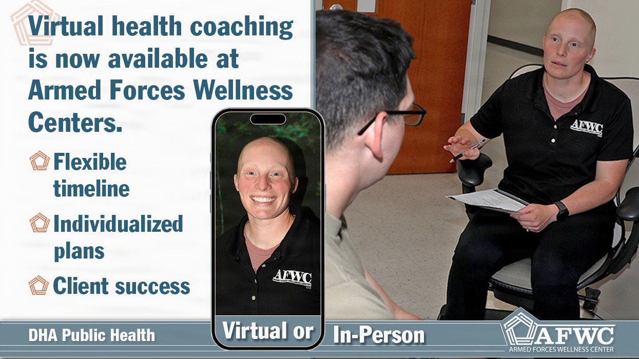 The Armed Forces Wellness Center offers virtual health coaching to support military readiness, no matter where a client might be stationed. These AFWC virtual health programs provide personalized support without the burden of travel or scheduling conflicts. (Defense Health Agency-Public Health graphic illustration by Joyce Kopatch)