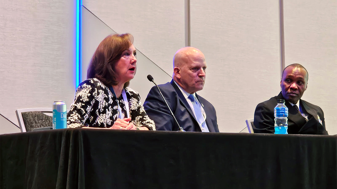 Dr. Christine Bader (left) participates as moderator and panel member for a discussion on medical ethics in combat for the 2025 Military Health System Conference. (Photo by Sharon Holland)