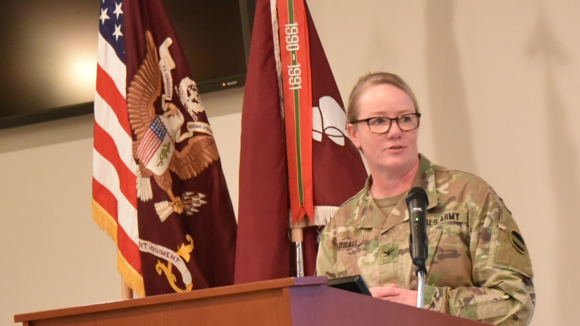 U.S. Army Forces Command Chief, Col. Amy Hadsall, delivers heartfelt message to Womack Army Medical Center nurses and staff during the 124th Army Nurse Corp Birthday Celebration. (Photo Credit: Keisha Frith)