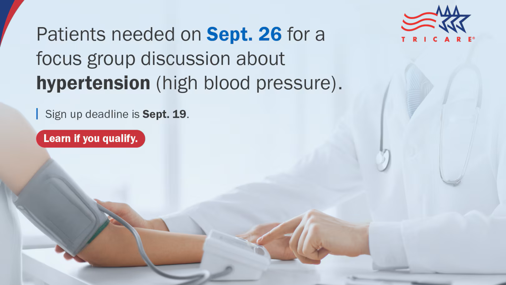 Doctor taking patient's blood pressure, with words "Patients needed on Sept. 26 for a focus group discussion about hypertension (high blood pressure).