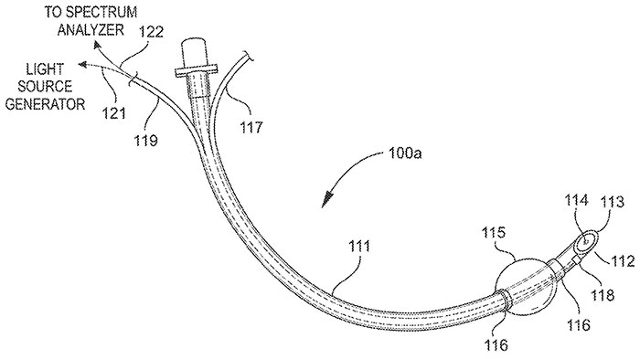 This drawing illustrates an expandable airway tube invented by Dr. Corinne Nawn and Dr. Brian Souhan that uses light to identify tracheal and esophageal tissue to ensure proper placement in a trachea. The Medical Research and Development Command's Office of Medical Technology Transfer is working with Nawn and Souhan to develop and de-risk the device for licensing by small businesses operating in the medical device space. (photo credit: courtesy of Dr. Corinne Nawn and Dr. Brian Souhan)