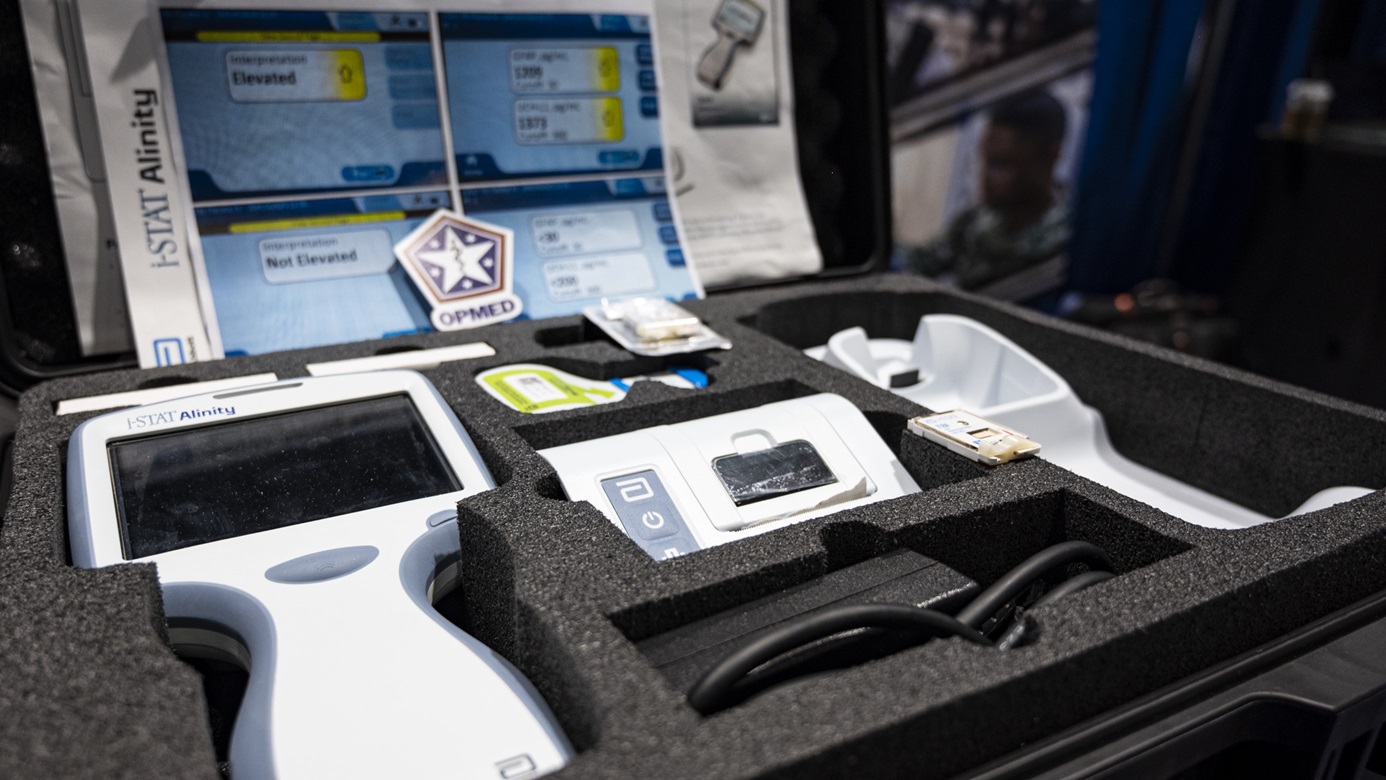 An Analyzer Traumatic Brain Injury device sits on display at the Operational Medical Systems Program Management Office exhibit during the Military Health System Research Symposium, Kissimmee, Florida, Aug. 5, 2025.