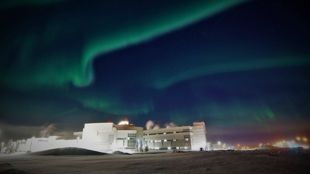 Bassett exterior photo with northern lights